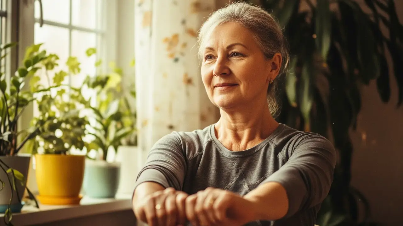Older woman starting gentle strength exercise at home with Get In Good Nick