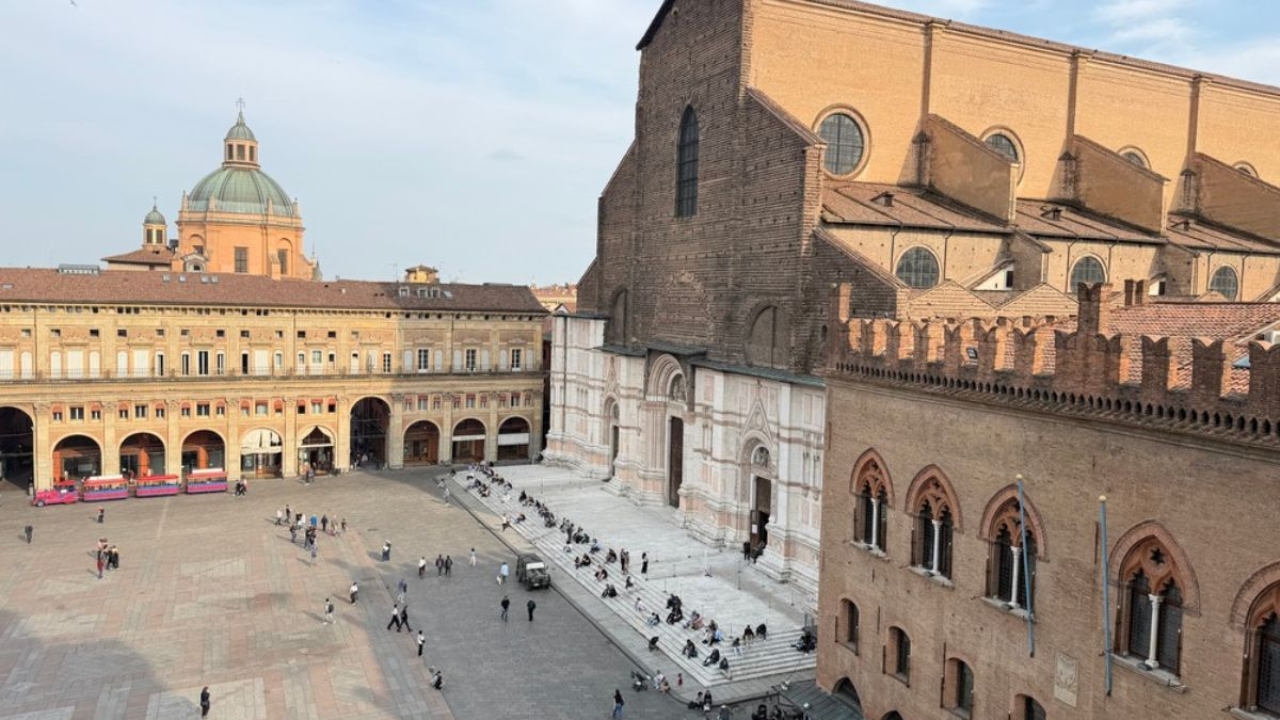 View of the Piazza maggiore from the Clock Tower (Torre dell"Orologio)