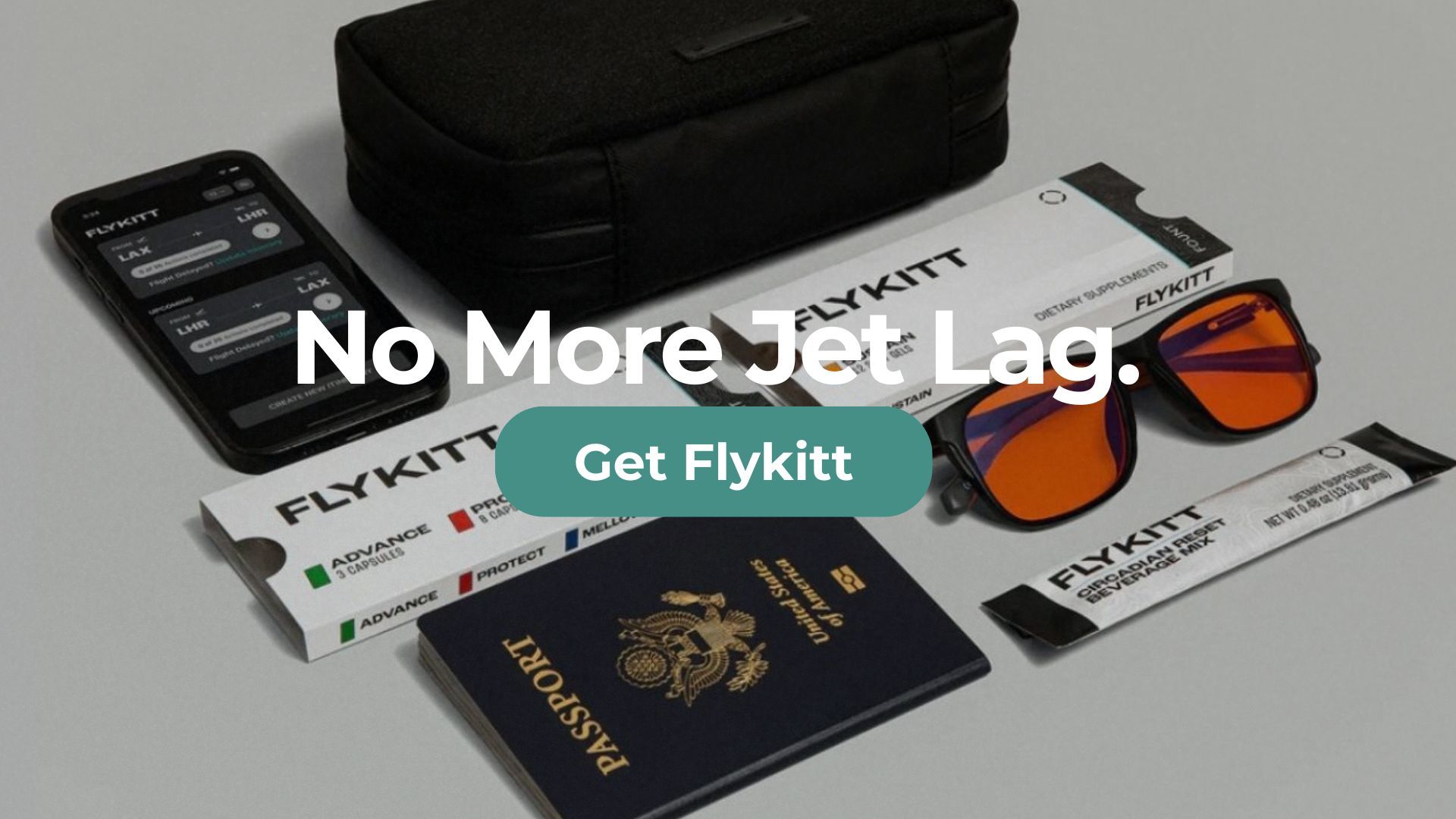 no jet lag kit components, supplments, glasses, and passport