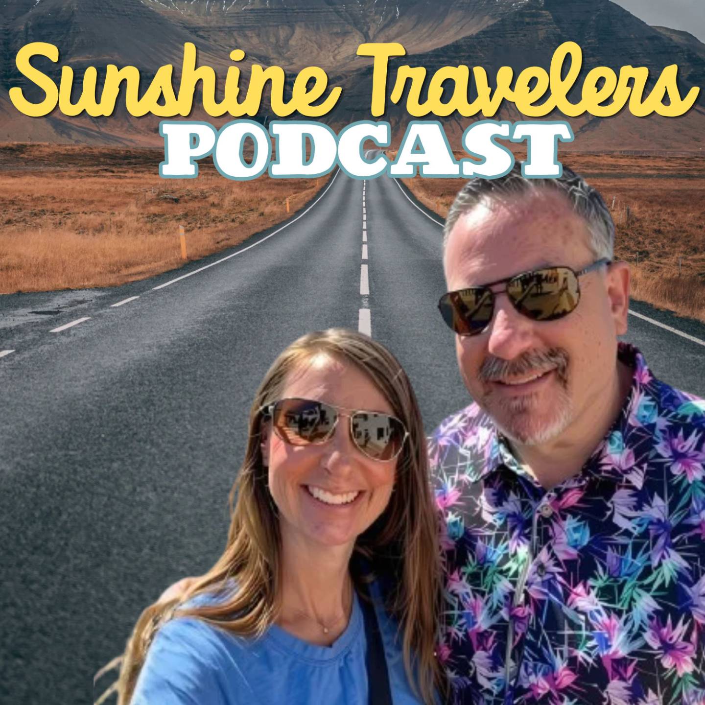 Sunshine Travelers Podcast badge with a truck and fifth wheel on a mountain road under a rising sun