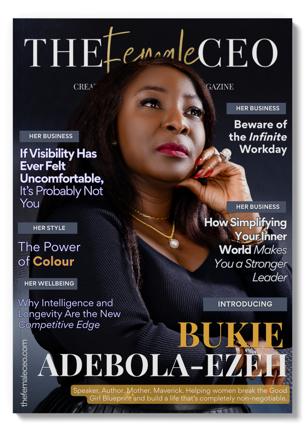The Female CEO magazine cover featuring Bukie Adebola-Ezeh, speaker, author and identity coach, with headlines on leadership, visibility and wellbeing