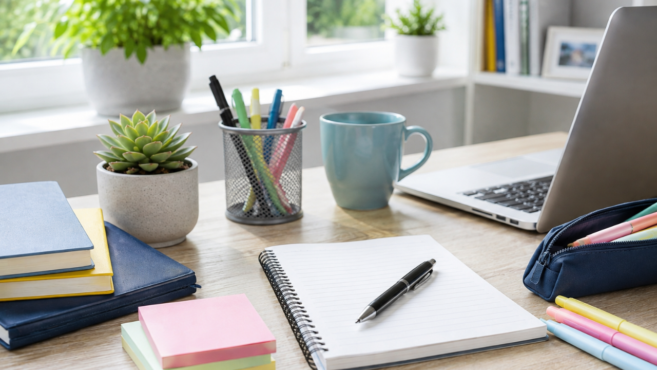 Bright, organised study desk with notebooks, pens, laptop and stationery in natural daylight, representing independent learning and exam preparation for National 5s, Highers and Advanced Highers.