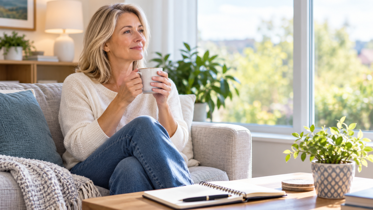 For this image, I'd keep the alt text descriptive and SEO-friendly without keyword stuffing. Recommended alt text: Woman relaxing with a cup of tea in a bright modern living room, representing a calm mind and the benefits of Clinical Hypnotherapy for overthinking and racing thoughts.