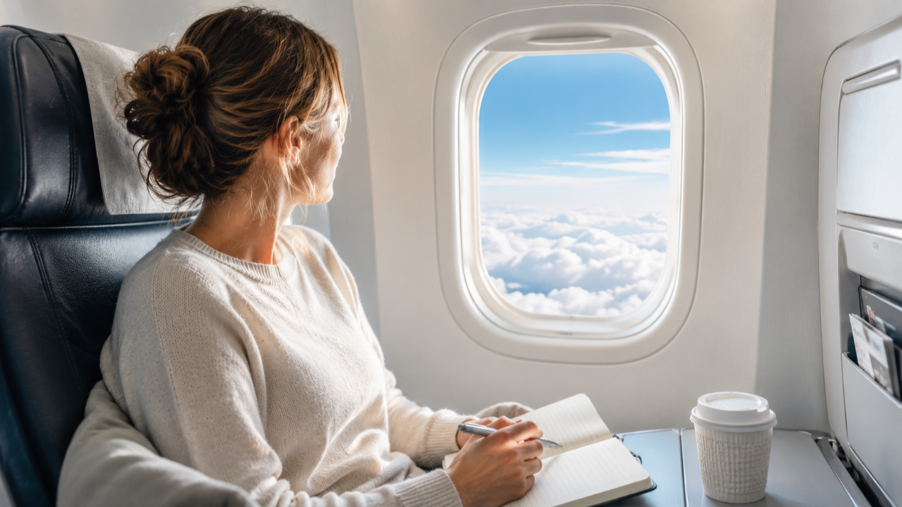 “Relaxed woman sitting on an aeroplane looking out of the window above the clouds, representing confidence and calmness when flying.”
