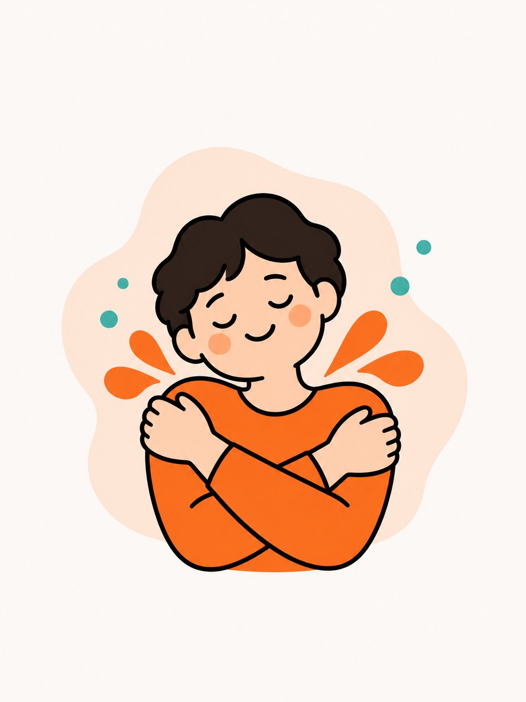 A person giving themselves a warm hug, eyes closed and smiling, feeling safe in their body again