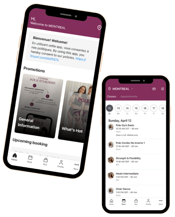Milan Pole Dance Studio app showing schedules and booking options for pole dancing classes