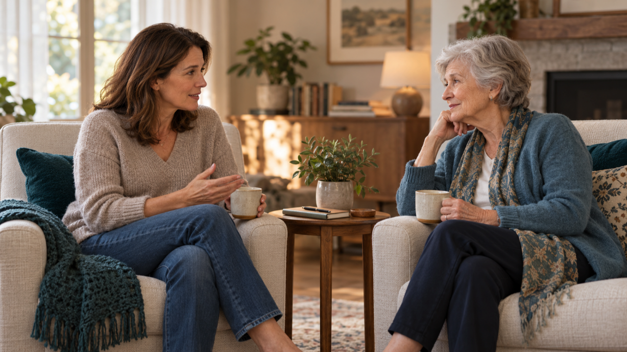 Adult daughter and her older mother talking over coffee at a kitchen table