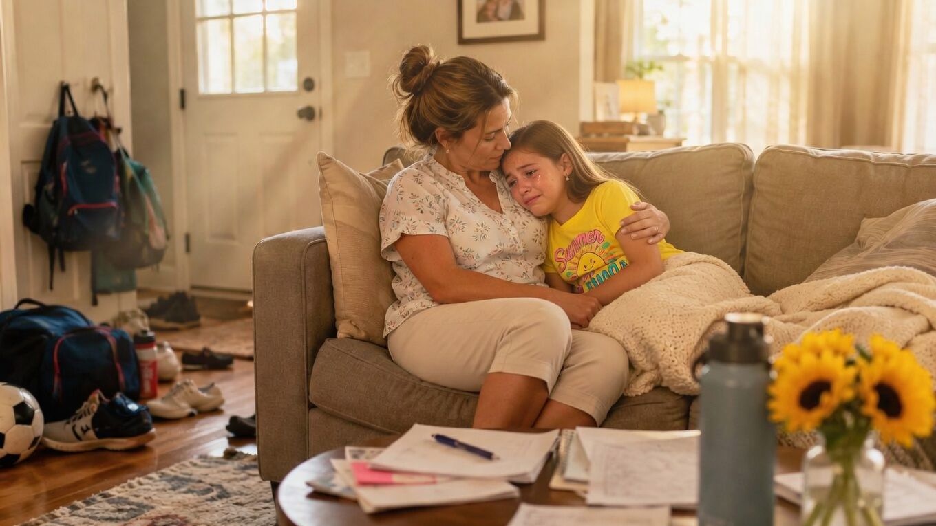 Parent comforting emotional child on couch after a busy end-of-school-year day with backpacks and sports gear nearby.