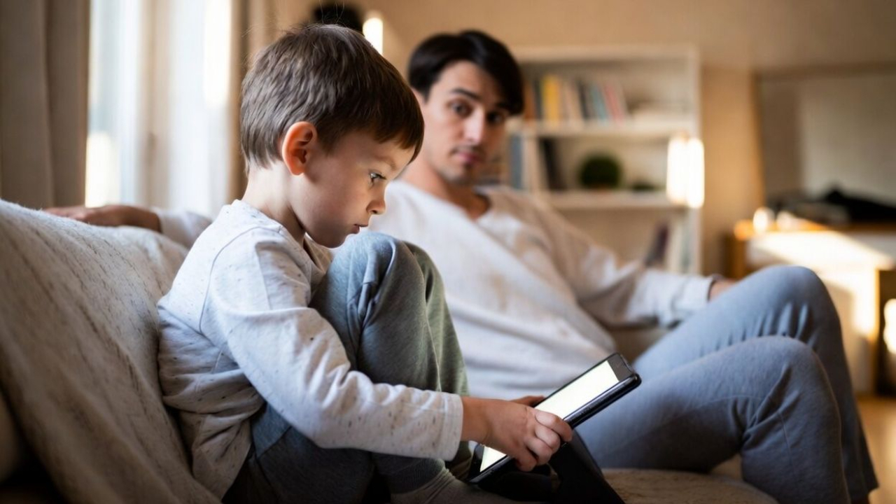 Parent concerned about screen time: father watching his child use a tablet at home.
