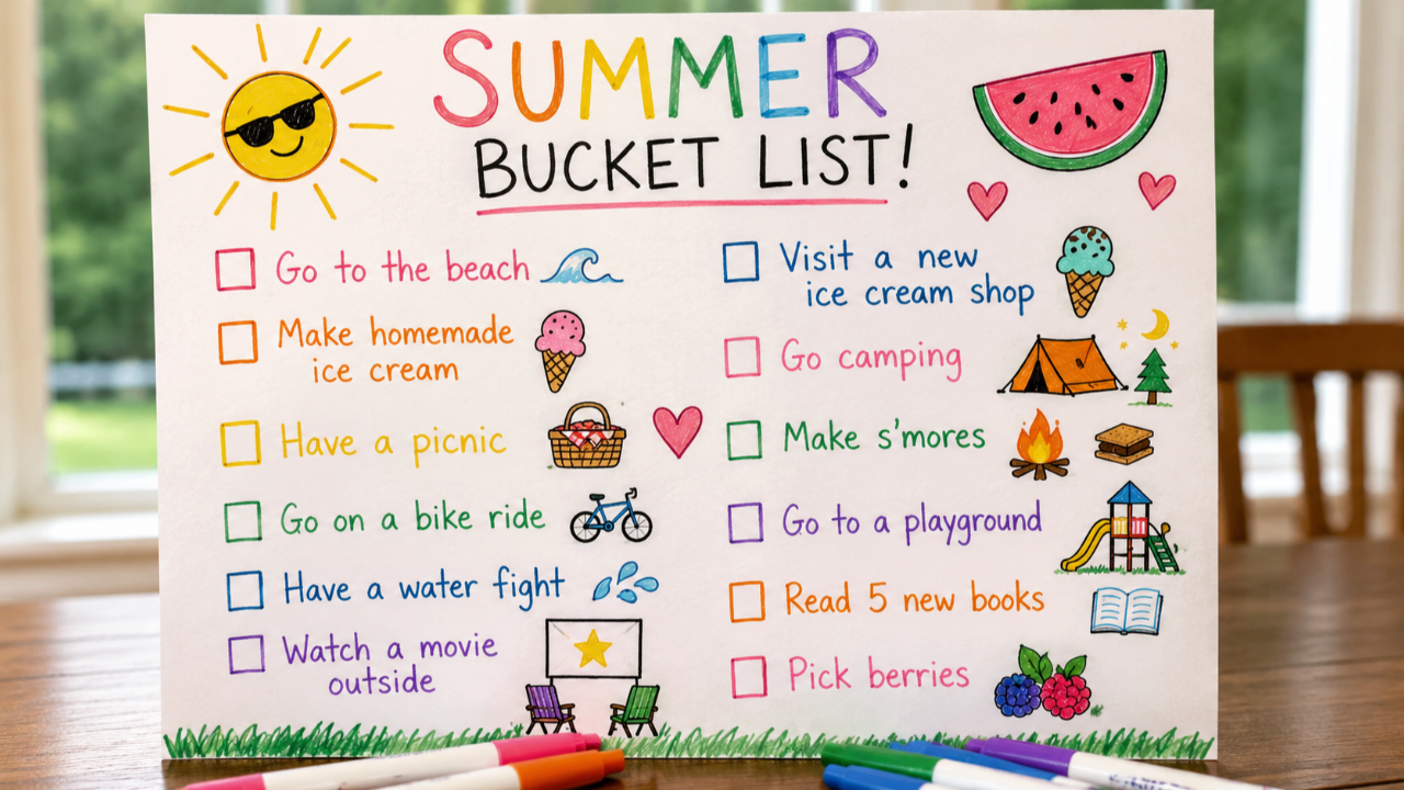 Handmade summer bucket list created by a child featuring creative screen-free activity ideas such as beach trips, bike rides, picnics, camping, and visiting local ice cream shops.