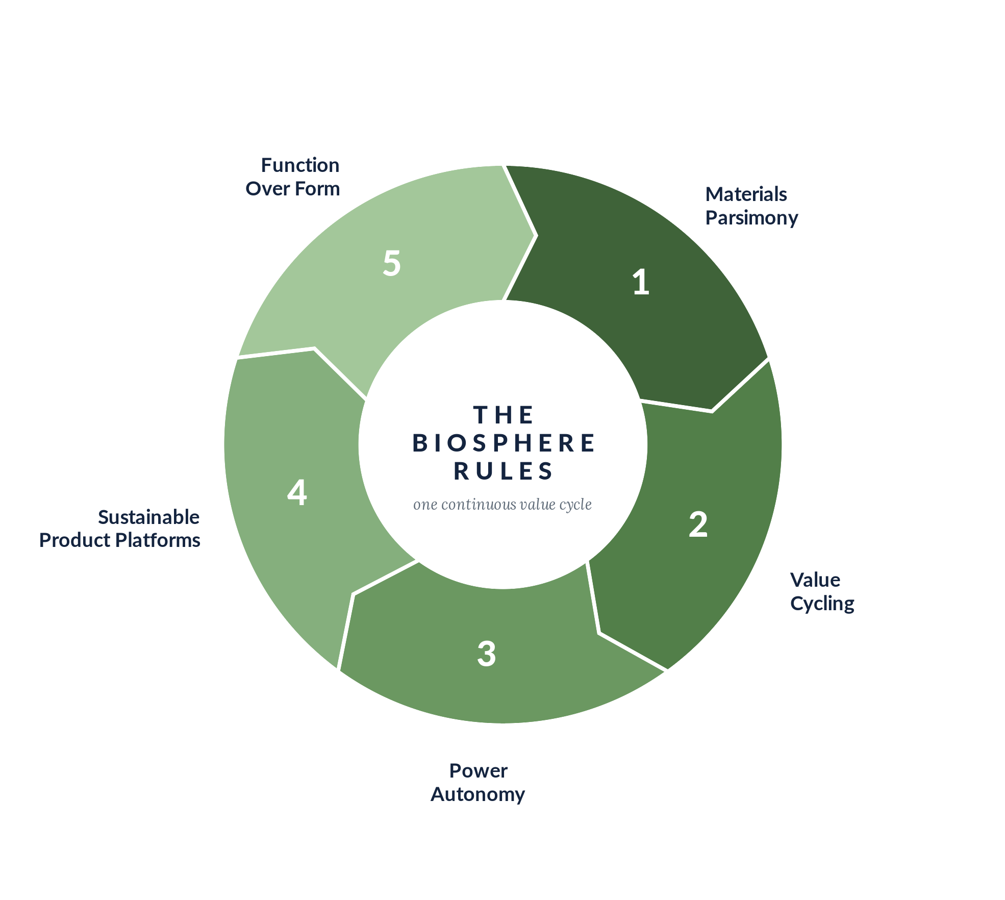 The Biosphere Rules: Materials Parsimony, Value Cycling, Power Autonomy, Sustainable Product Platforms, Function Over Form — one continuous value cycle