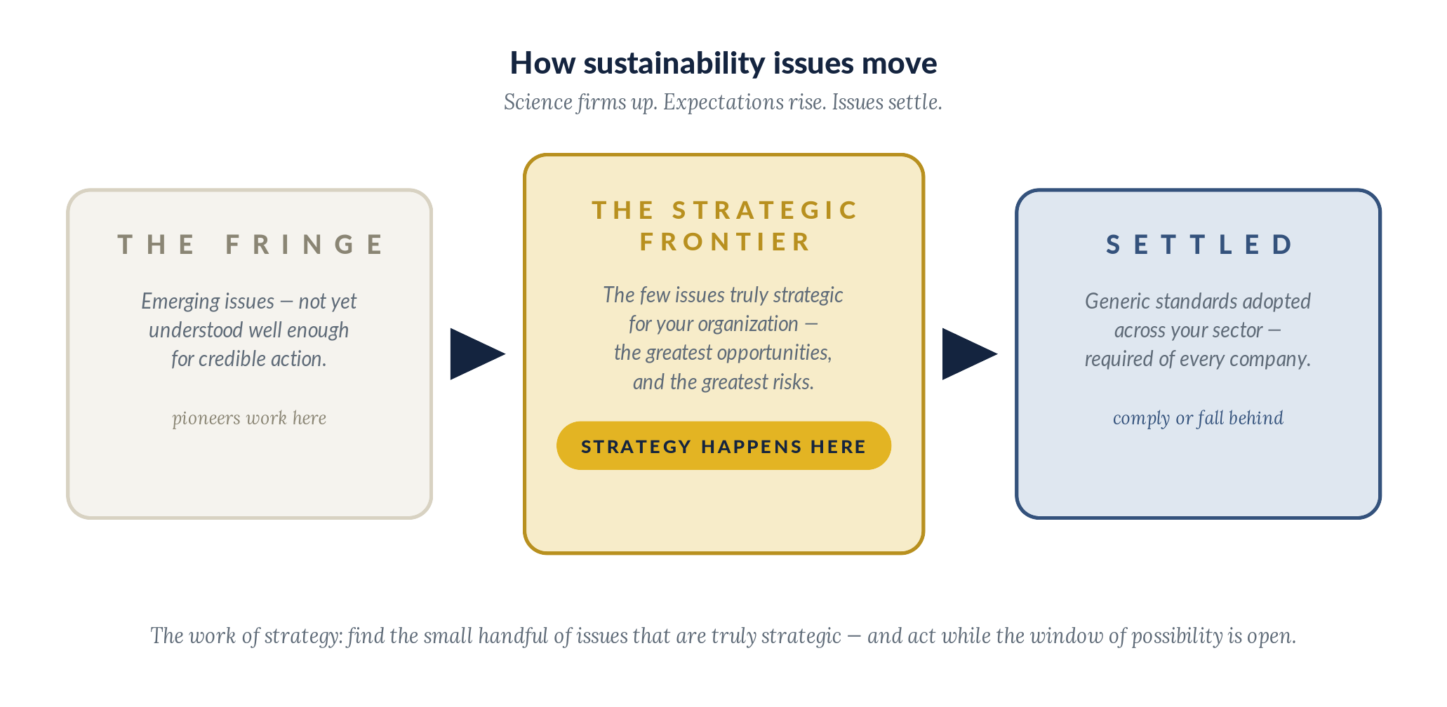 How sustainability issues move: from the Fringe, through the Strategic Frontier, to Settled standards