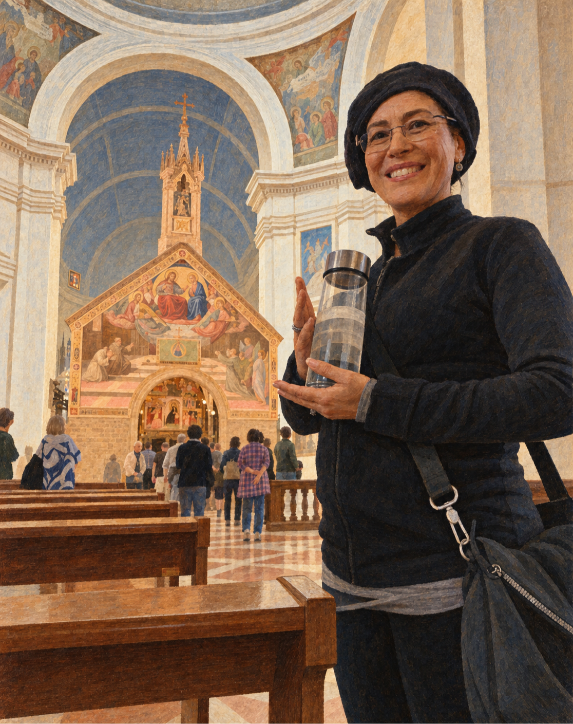 SoFeya in Assisi Cathedral at the Porziuncola, holding an i'MAGiNT LiFE water bottle.