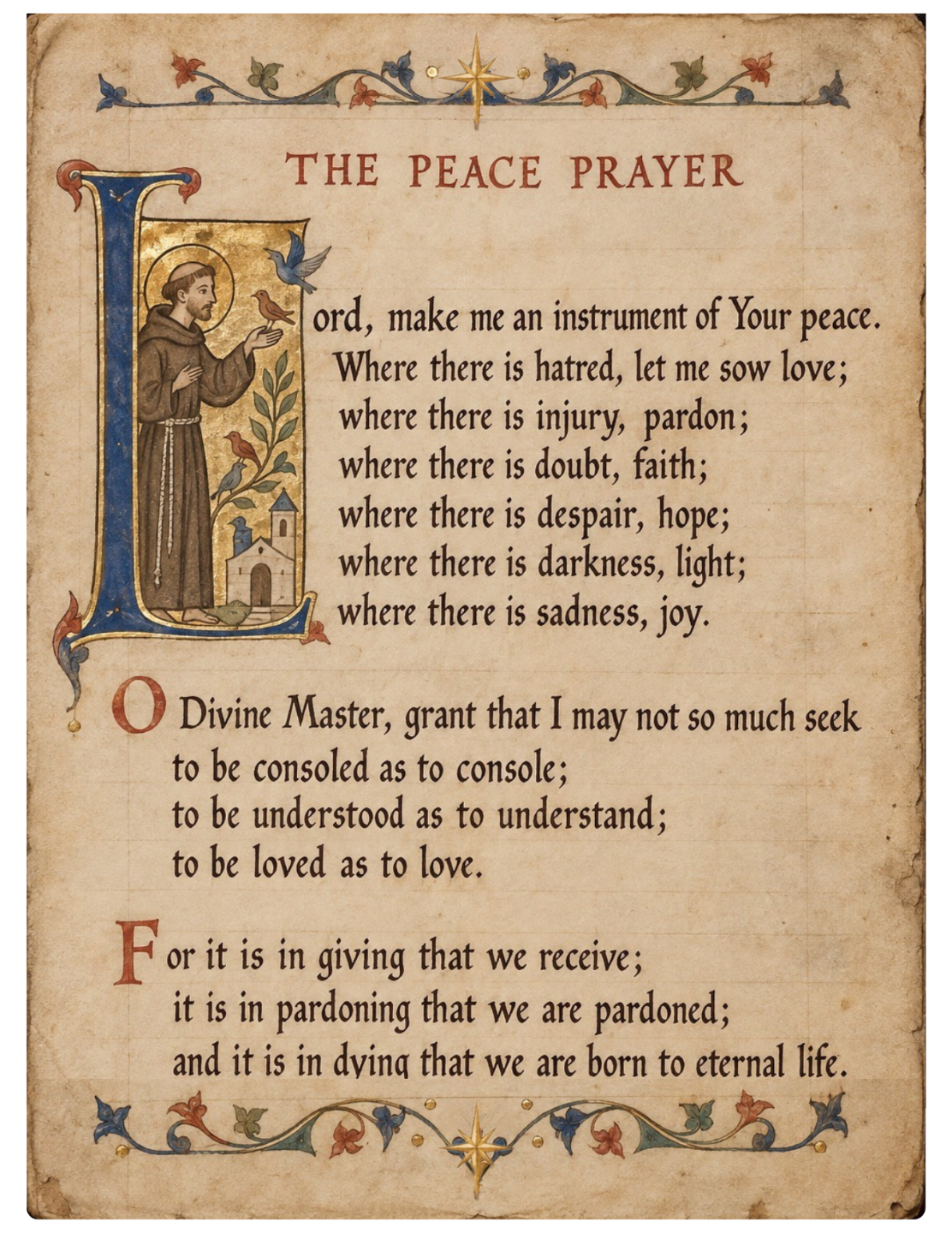 Scroll with the text 'Lord, Make me an Instrument of Thy Peace', the opening line of the Peace Prayer of St. Francis.