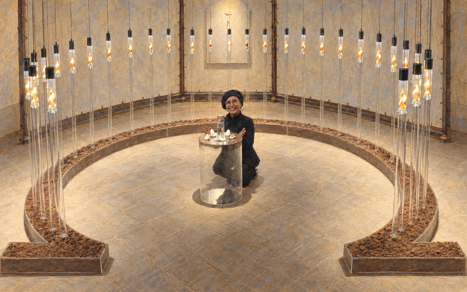 MARIA Omnia Plena sculptures encased in glass cylinders resembling i'MAGiNT LiFE water bottles, showcasing a divine symmetry between art and i'MAGiNT LiFE's vision.