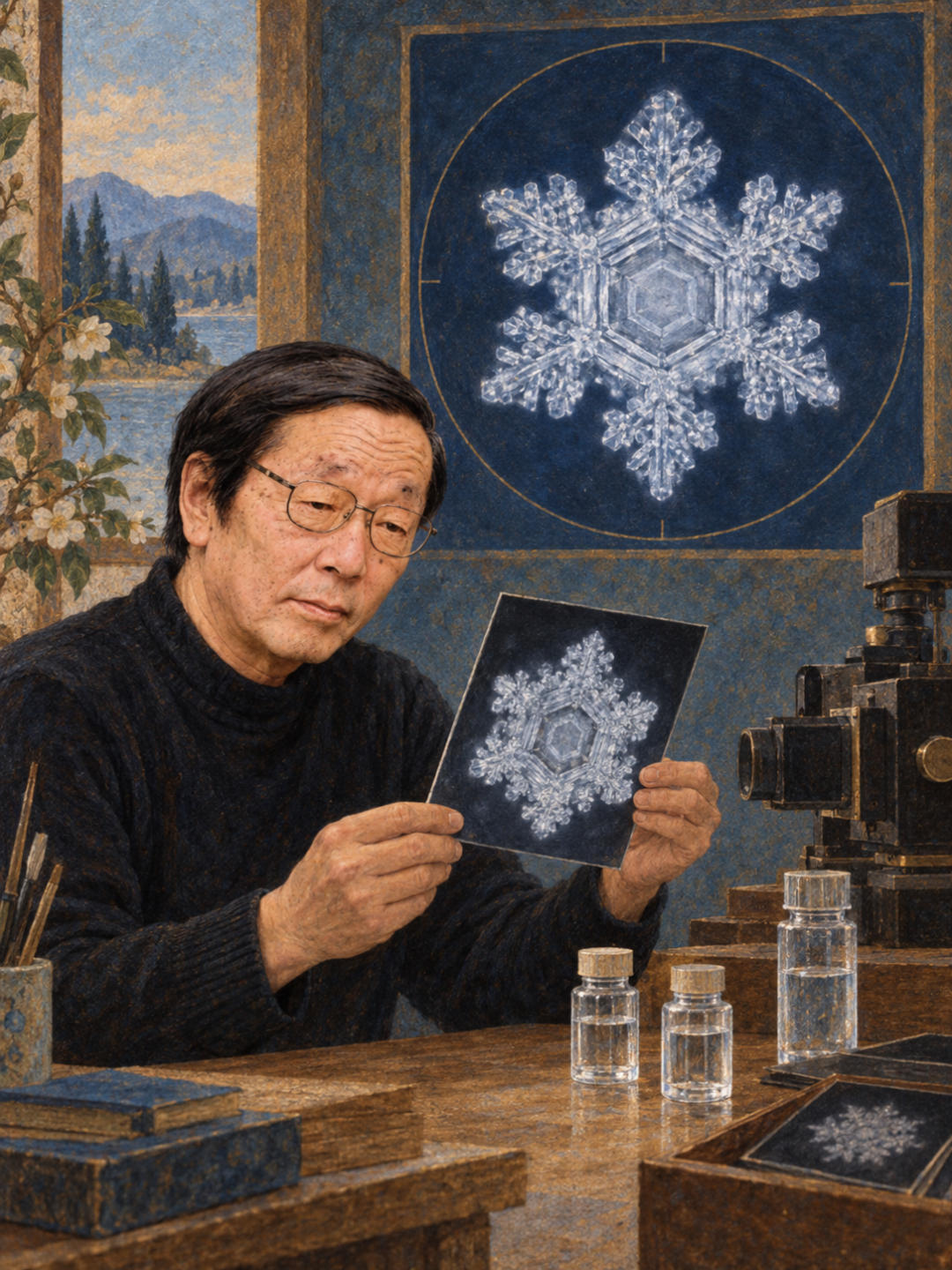 Photo of Dr. Masaru Emoto, his books, and a snowflake representing his water crystal experiments.