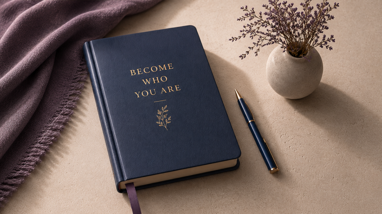 Elegant journal titled ‘Become Who You Are’ representing healing from people-pleasing, emotional exhaustion, and inherited relational patterns.”