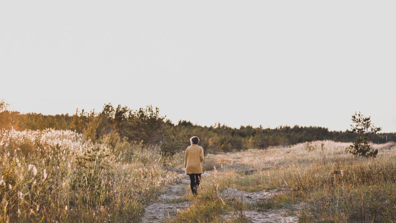 A woman walking along a sunlit meadow path surrounded by tall grasses and wildflowers, with warm golden light illuminating the landscape.