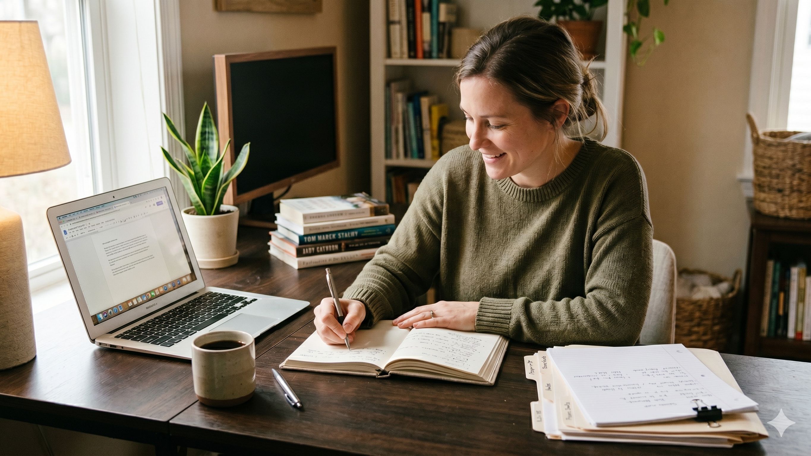 Woman working at desk writing in notebook with files and laptop. Making organizing decsions