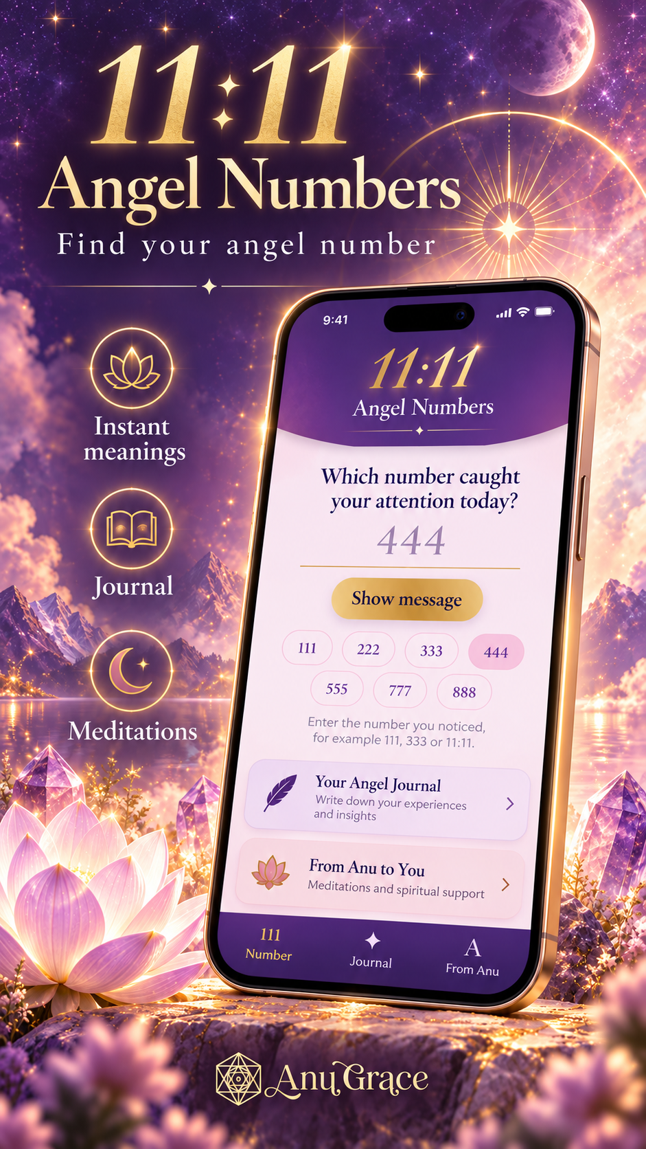 11:11 Angel Numbers app on a phone