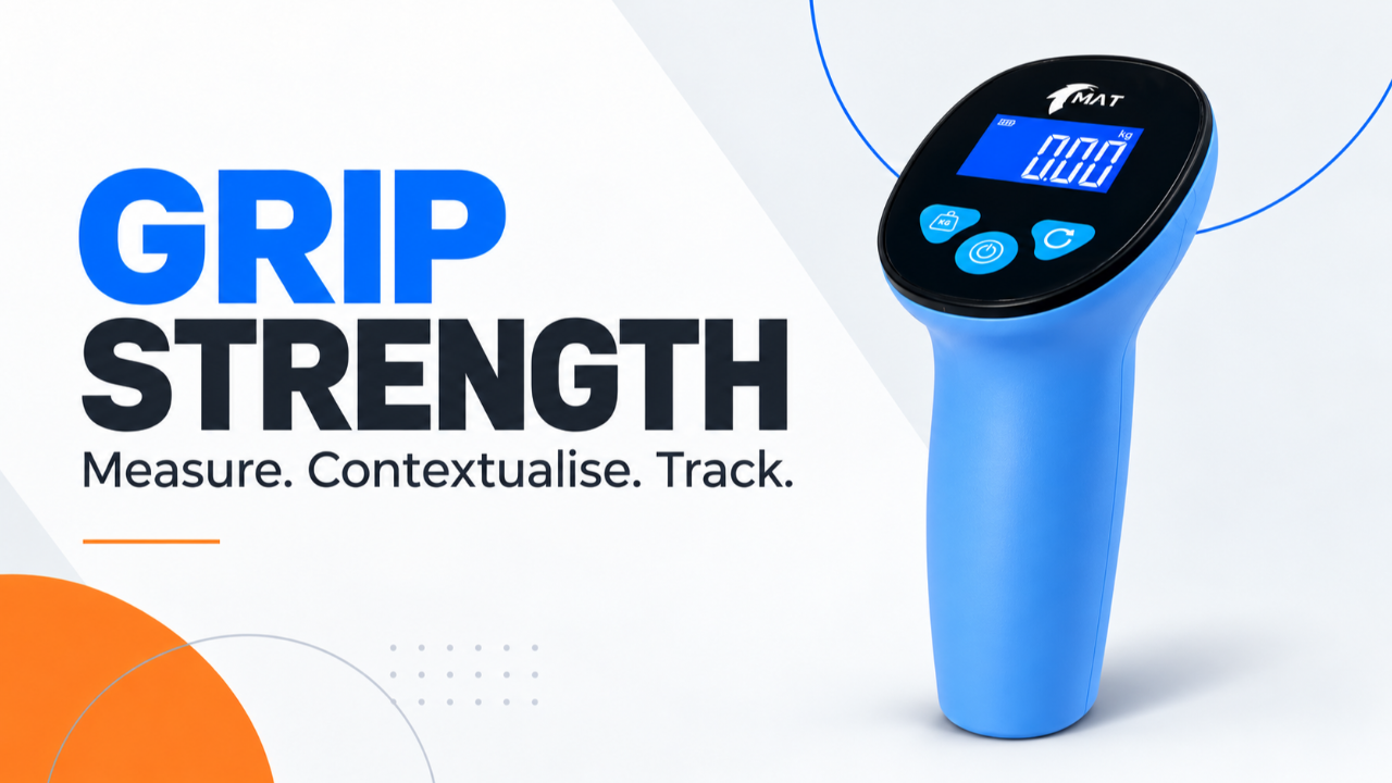 Blue MAT Gripper with digital display beside Grip Strength: Measure. Contextualise. Track.