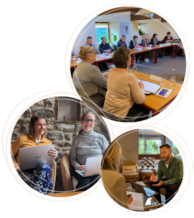 A collage of three images: a community of people seated at a conference table in a meeting, two individuals with laptops engaged in discussion resembling a classroom setting, and a man gesturing while talking to a woman taking notes, showcasing an environment of shared learning.