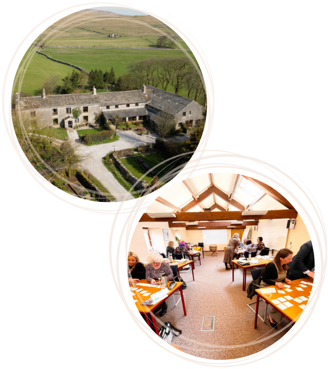 Two-part image: 1) An aerial view of High Trenhouse, a stone accommodation surrounded by greenery. 2) Students working at tables studying celebrancy in a classroom with a vaulted ceiling