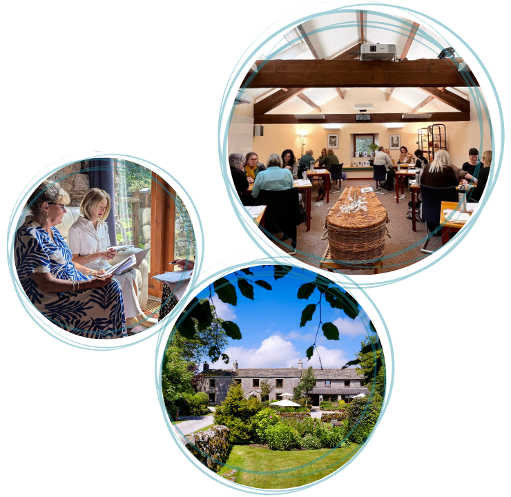 Collage of three circular images promoting celebrant training with the International College of Professional Celebrants. The largest circle at the top shows an indoor training session with attendees seated at tables in a room featuring wooden beams and a cozy atmosphere. The bottom circle displays an idyllic stone building surrounded by lush greenery and gardens, capturing a peaceful training venue. The smaller left circle features two women engaged in discussion, sitting by a window with sunlight streaming in, creating a warm and inviting scene. The images are framed with thin, teal outlines.
