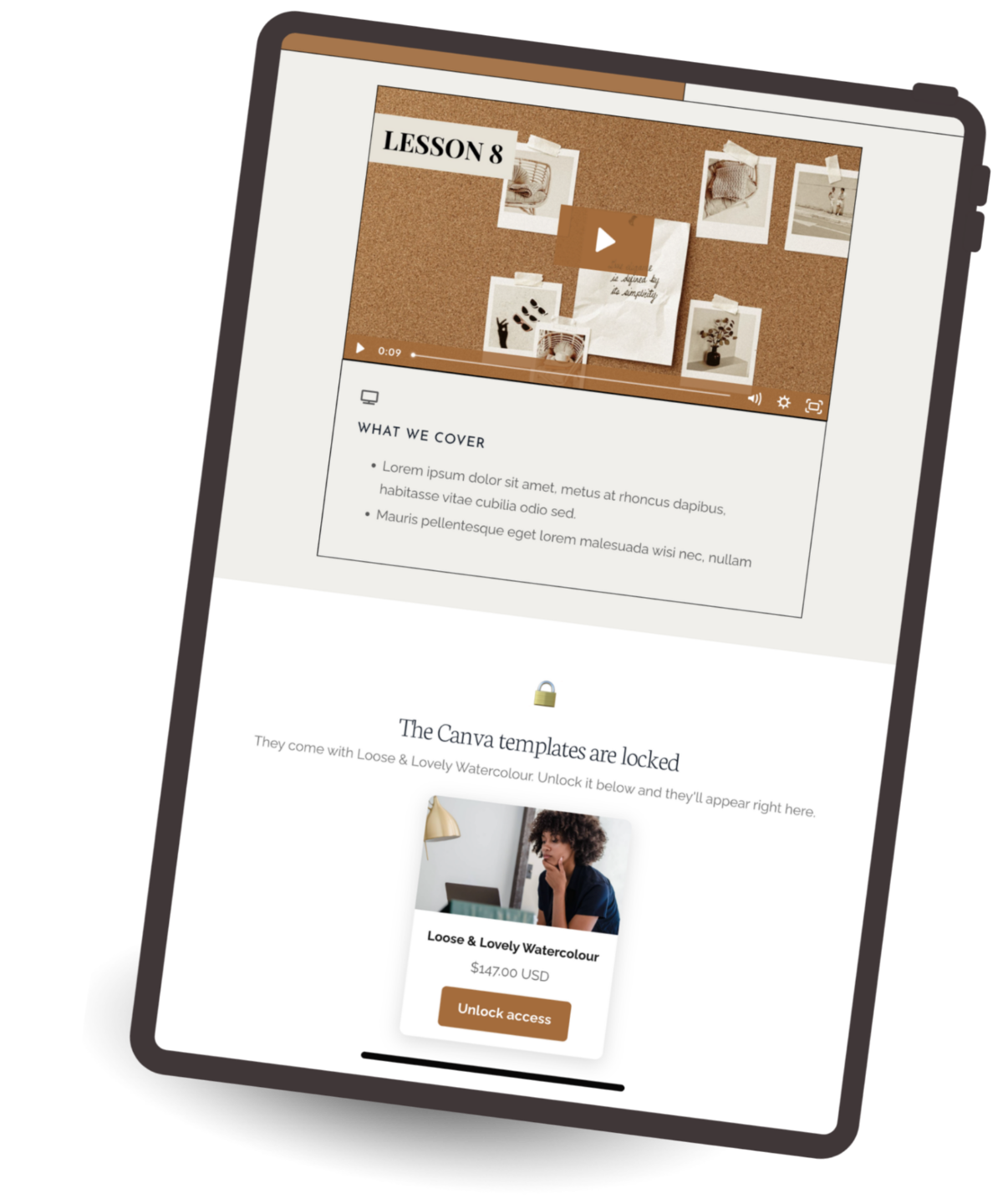 Tablet mockup of a Kajabi mini-course page with Lesson 8 open and the Canva Templates section showing a locked preview card with the offer's price and an Unlock access button.