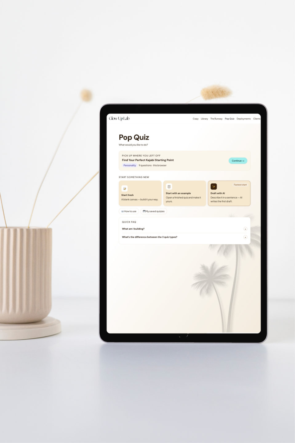 Tablet showing a finished quiz page built with Pop Quiz