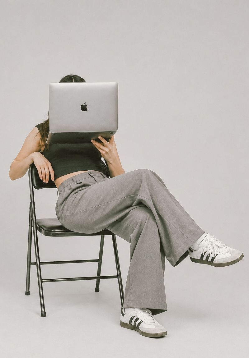 Woman in a black blazer opening her laptop at a sunlit desk