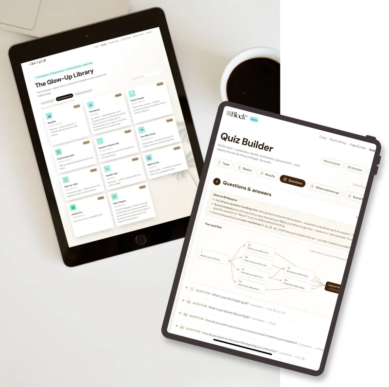 Pop Quiz result pages built for a Kajabi site