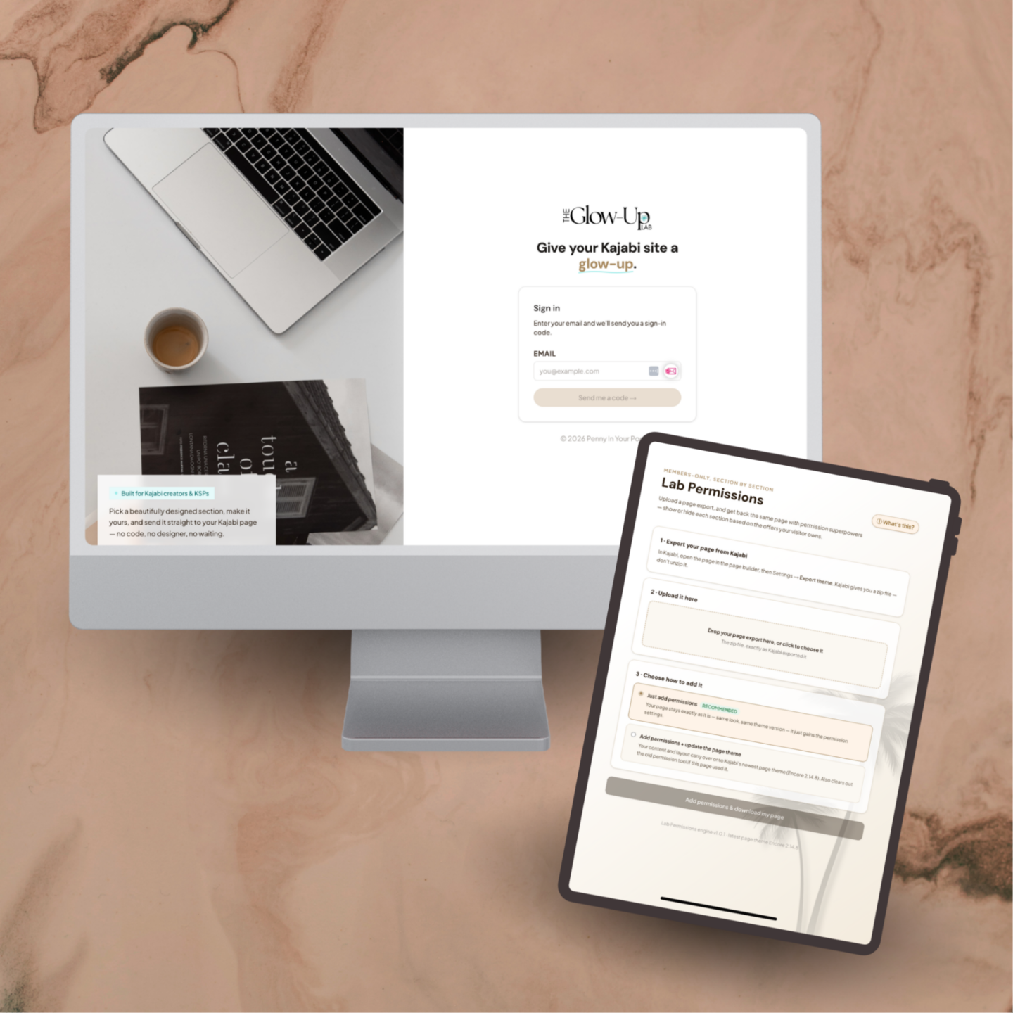 Desktop and tablet mockup of The Glow-Up Lab, with the Lab Permissions upload screen open on the tablet.