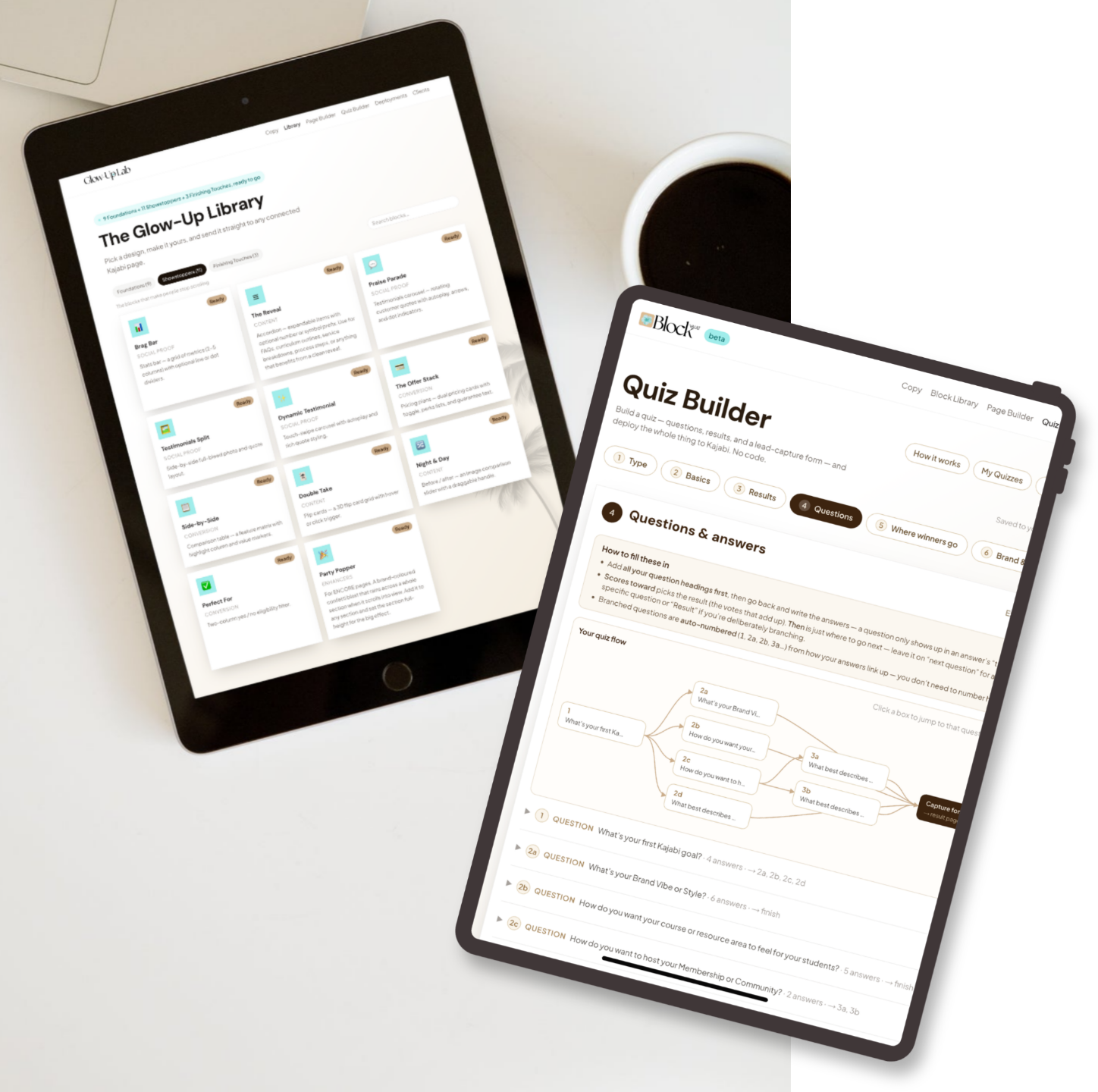 Two tablets showing a quiz built with Pop Quiz — a question page and its matching result page