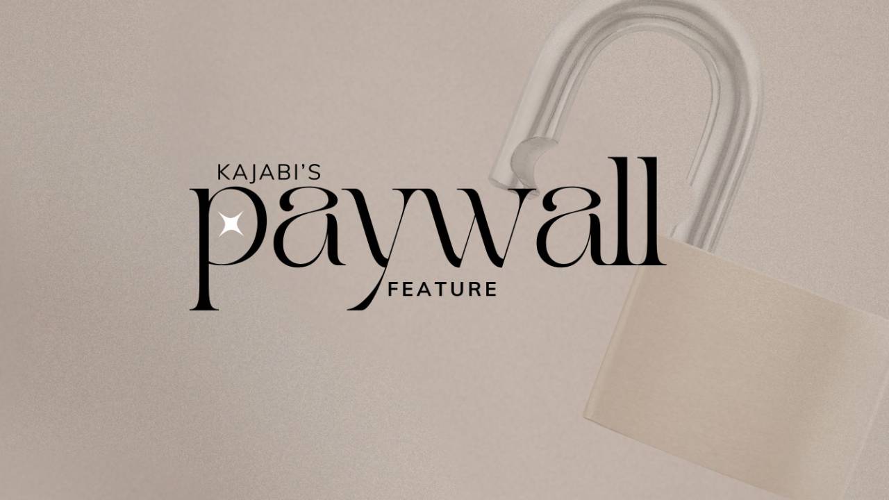 kajabi paywall feature mockup with penny sitting at laptop