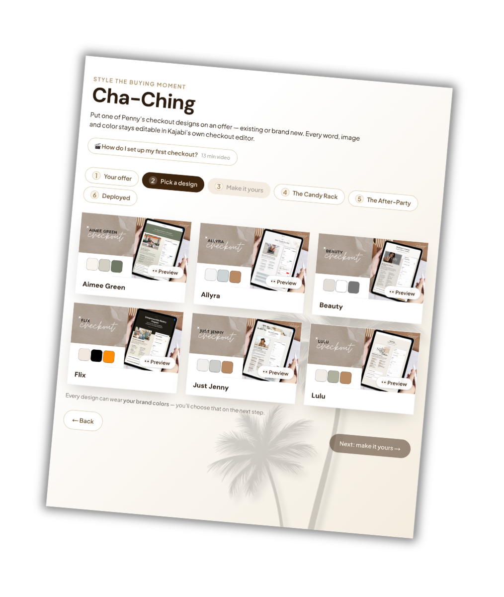 Cha-Ching's design picker showing Penny's six checkout styles
