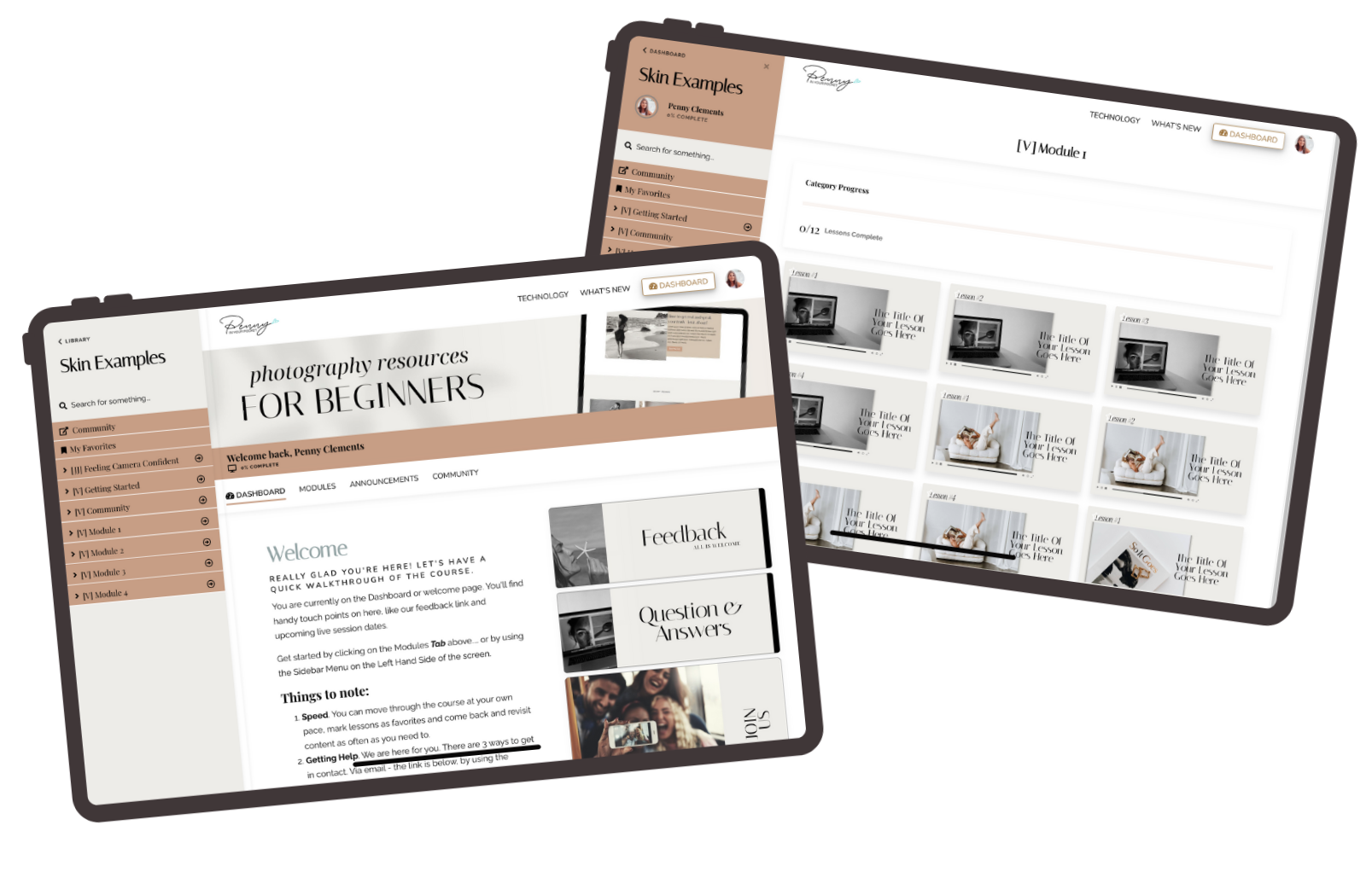 Two Kajabi course areas styled with Penny's designs — a branded welcome dashboard and a video lesson library