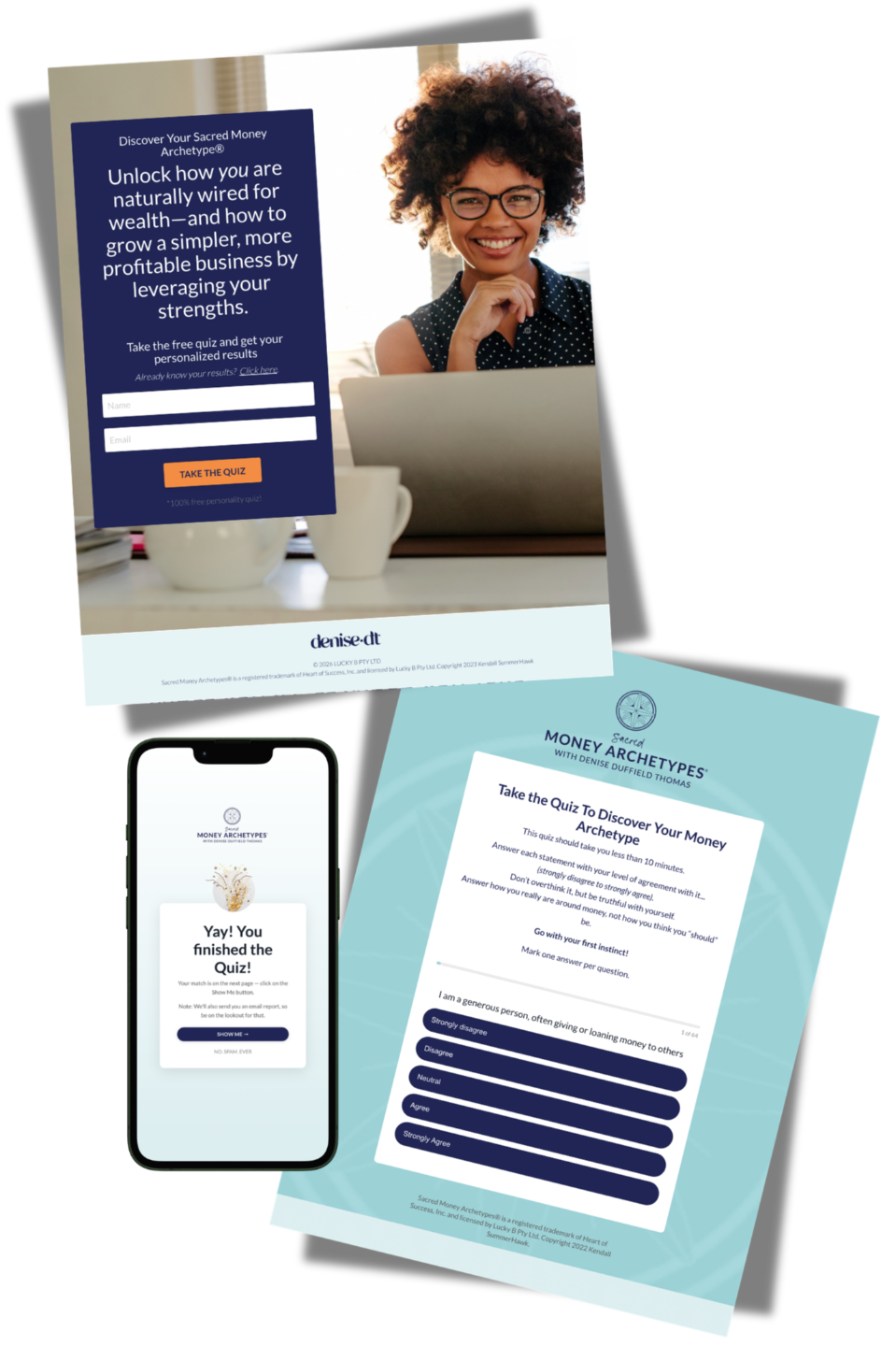 Denise Duffield-Thomas's money archetype quiz built in Kajabi — the sign-up page, a quiz question and the mobile finish screen