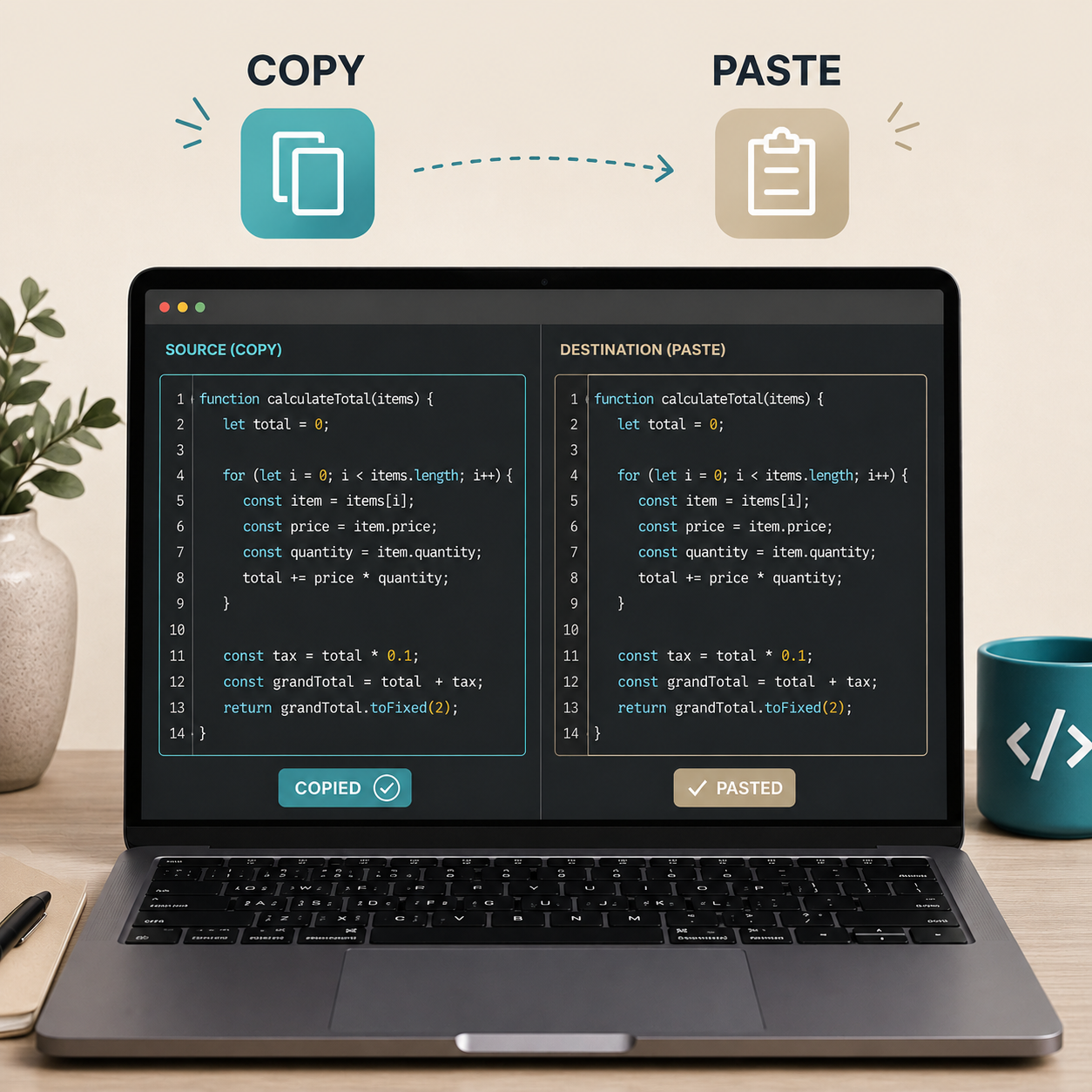 Code being copied from one window and pasted into another — the old copy-and-paste way of customizing Kajabi