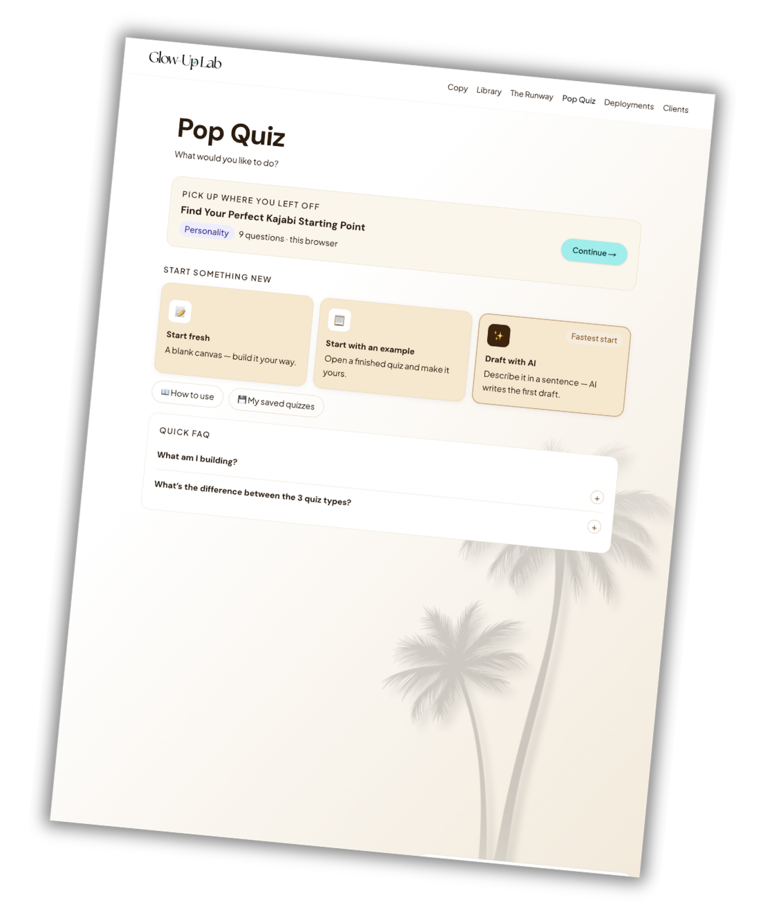 Step 2 screenshot — the Pop Quiz builder with a quiz drafted from an uploaded spreadsheet
