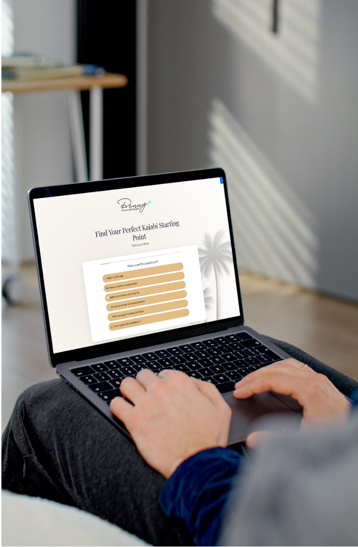 A real quiz question page running inside Kajabi, built with Pop Quiz — answer buttons styled to the site's own brand