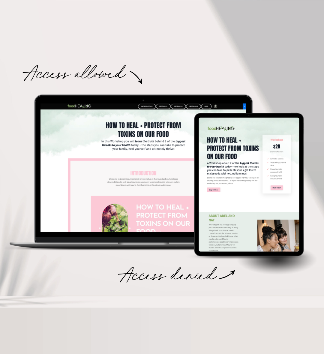 Laptop and tablet mockup of the same Kajabi workshop page: the full page when access is allowed, and the locked version when access is denied.