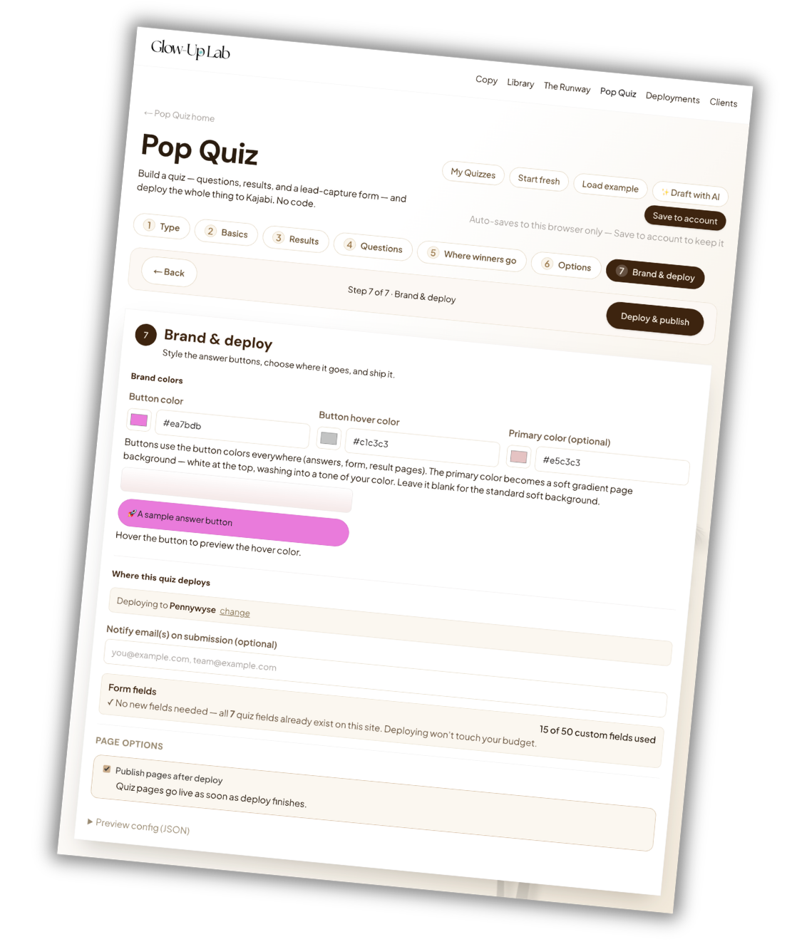 Step 3 screenshot — choosing your own colours and branding in Pop Quiz