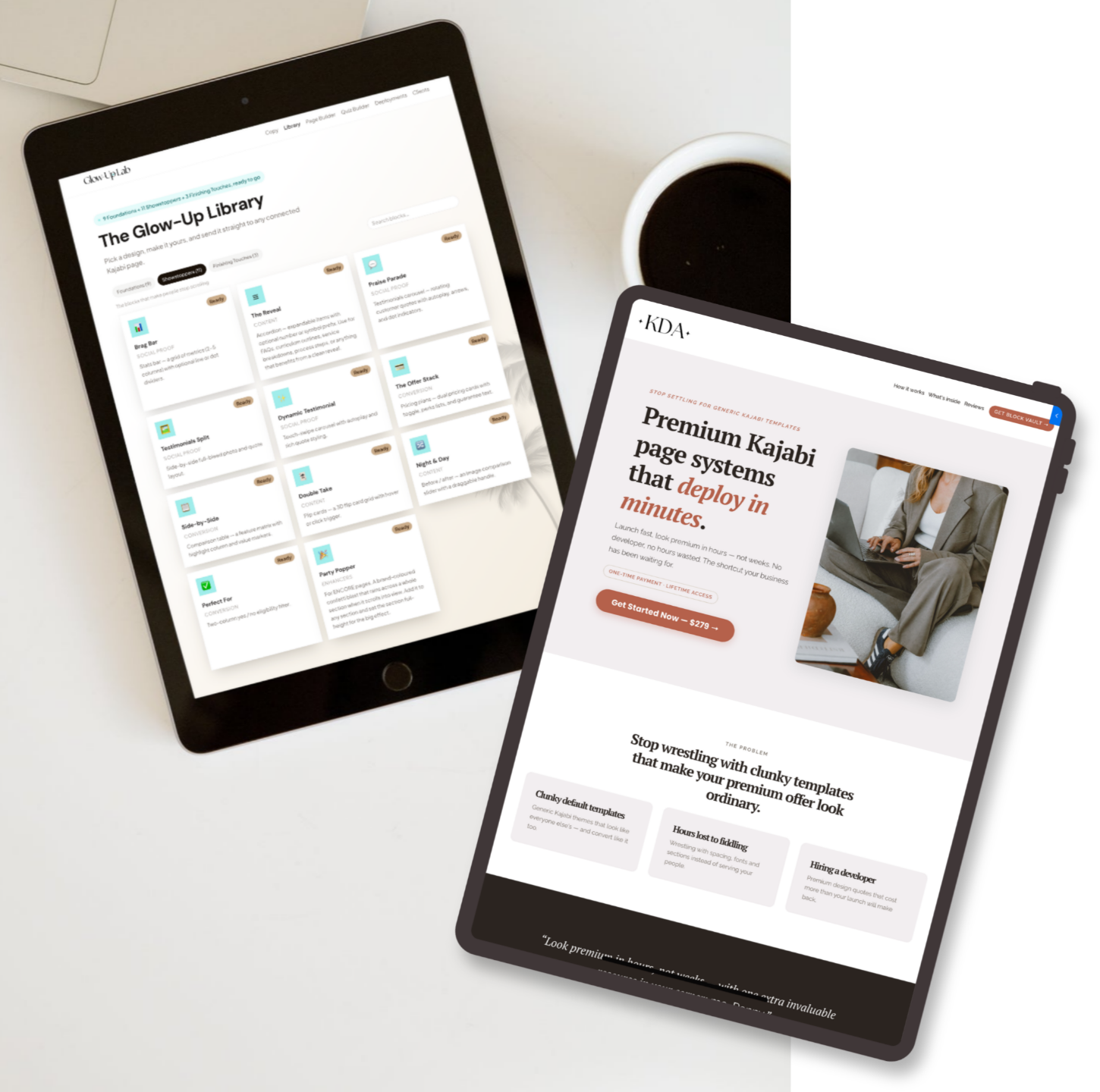 Two tablets showing the Glow-Up Kit block library and a finished Kajabi sales page built from it