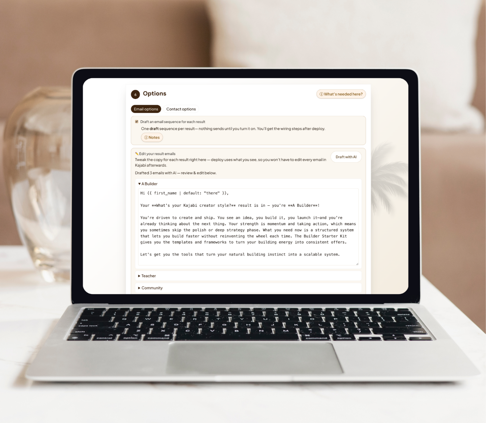 Laptop showing the Pop Quiz email editor — a ready-to-send result email you can edit in plain English