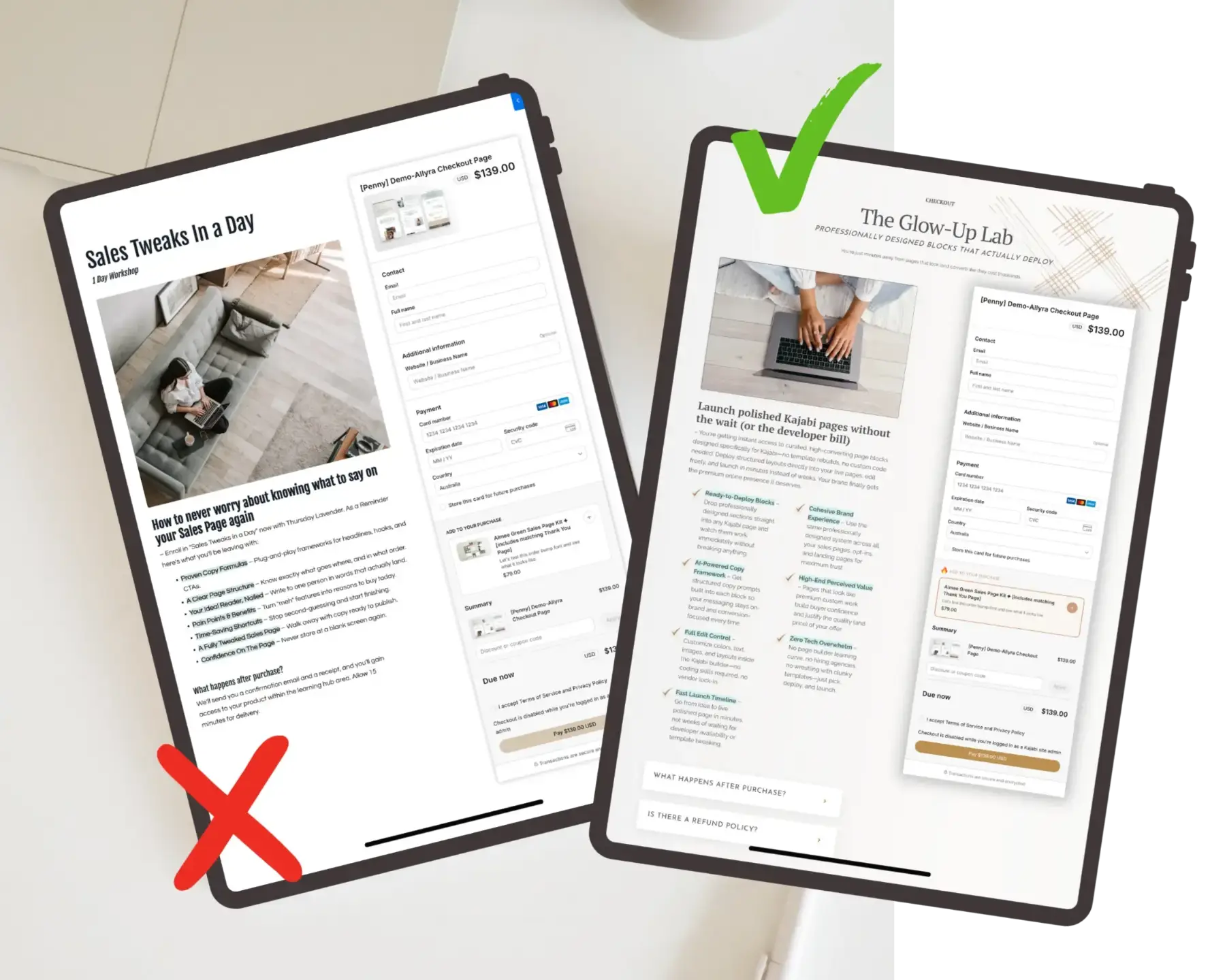 Before and after: a plain default Kajabi checkout beside the same page styled with Cha-Ching