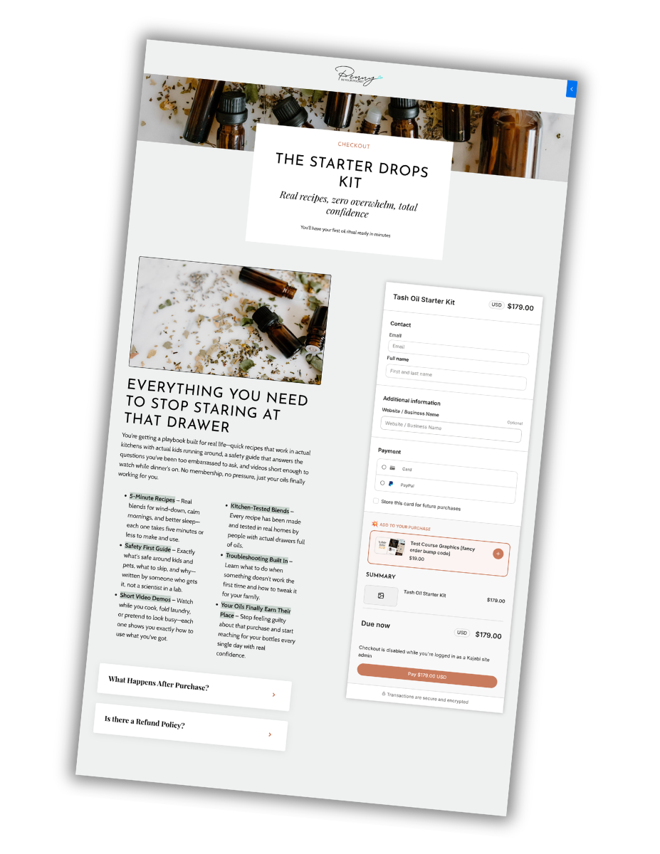 A finished branded checkout page live on a Kajabi offer