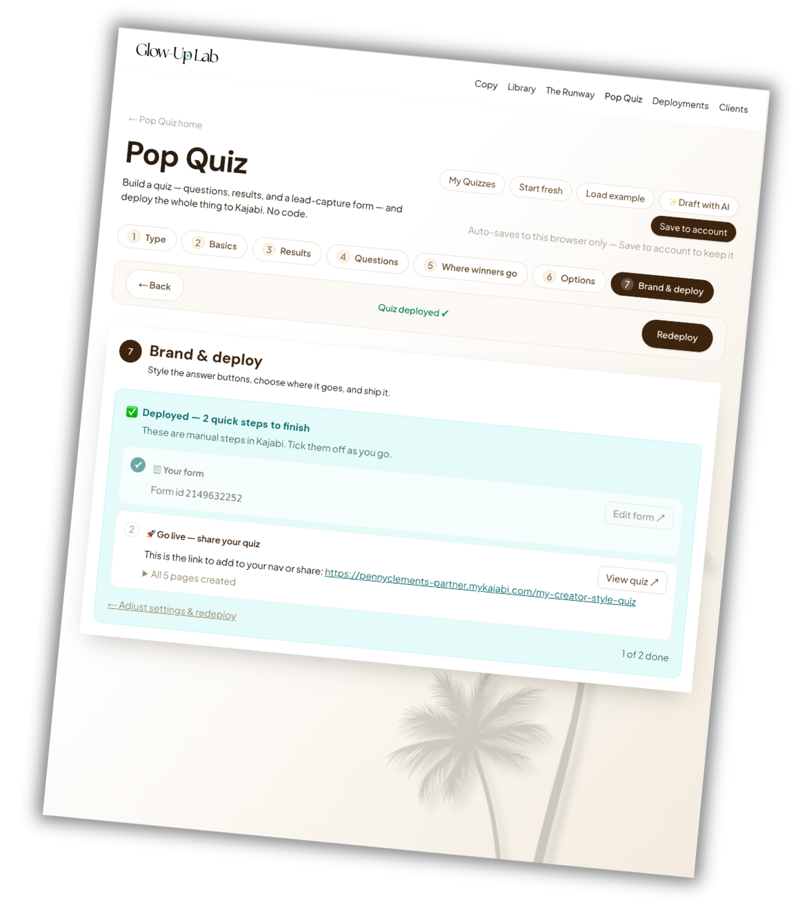 Step 4 screenshot — the finished quiz pushed live to your Kajabi site