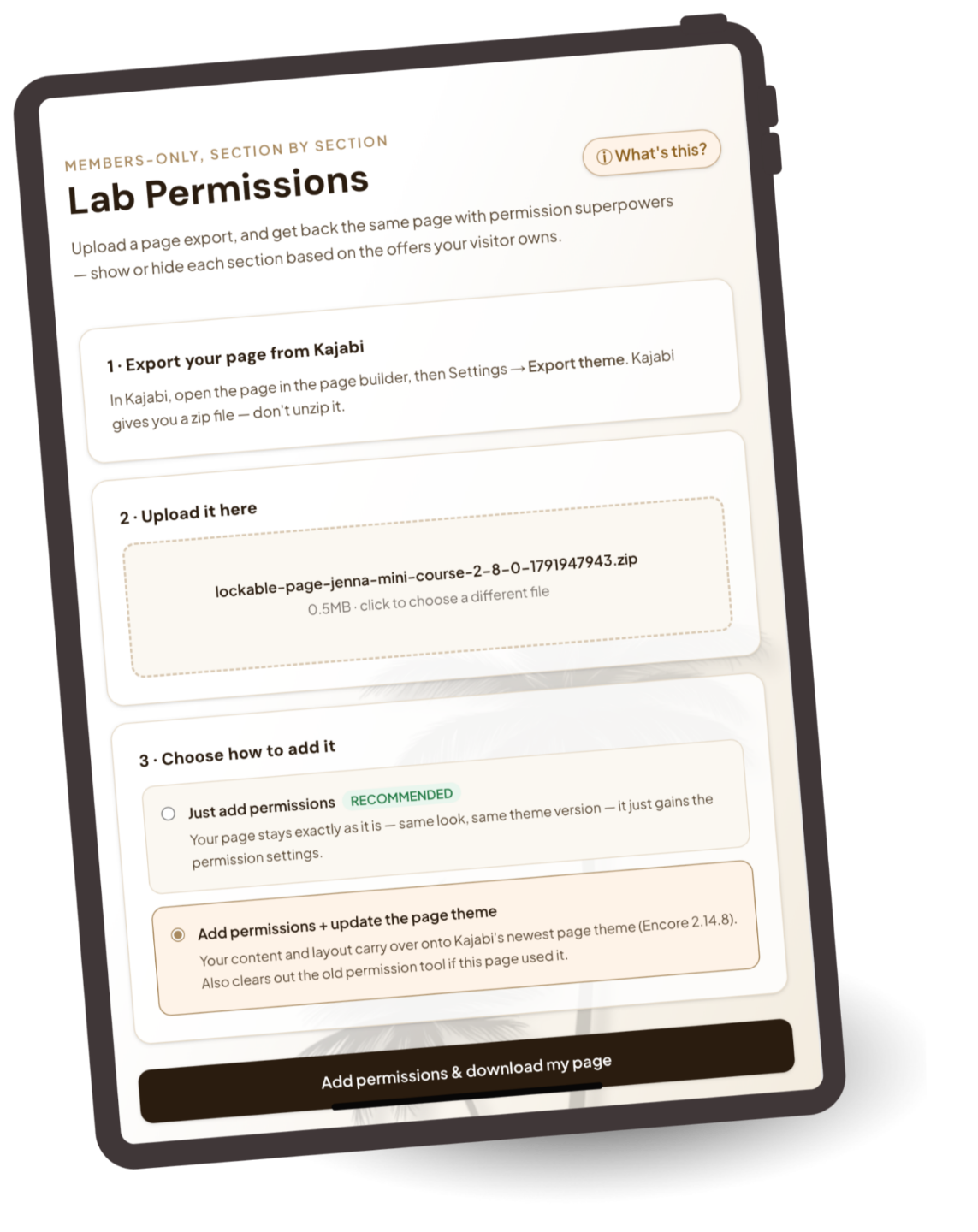 Tablet mockup of the Lab Permissions upload screen in The Glow-Up Lab, with a page export uploaded and the two install options shown: just add permissions, or add permissions and update the page theme.