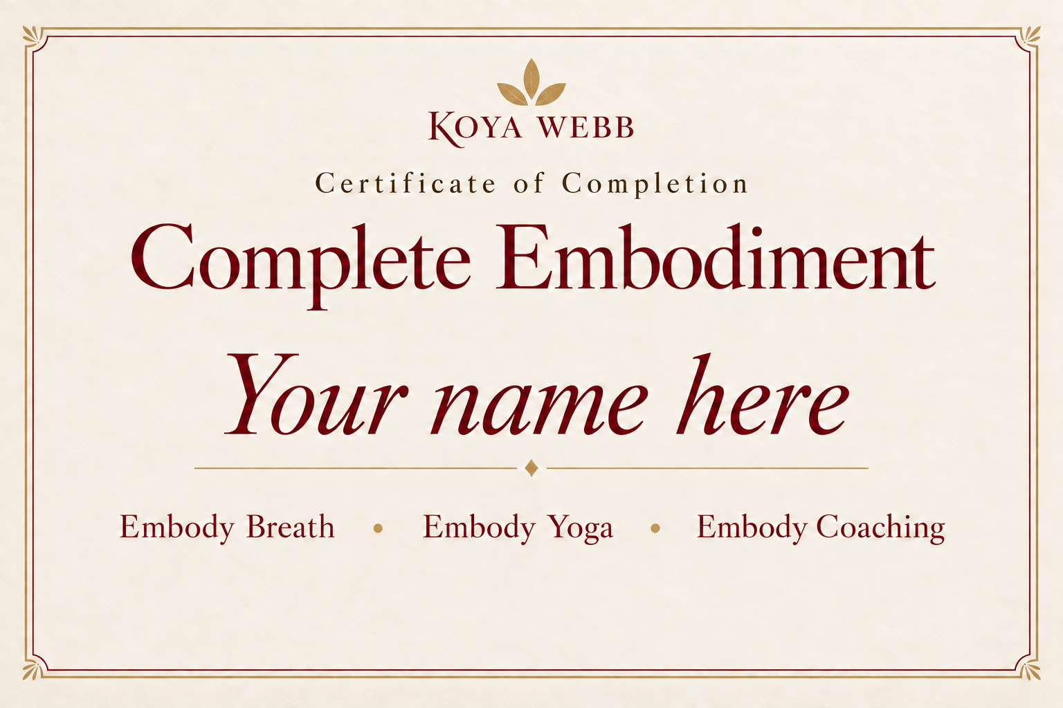Complete Embodiment certificate design with a recipient name placeholder